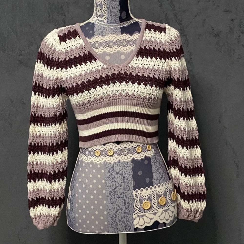 Willow & Wind Crop Knit Sweater Women S Purple Crochet Bishop Sleeve Chunky Boho